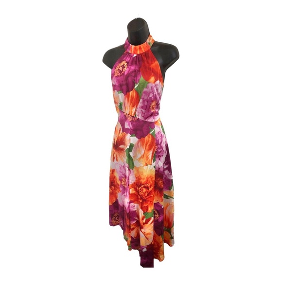 Maggy London pink tropical floral print asymmetrical flowy halter dress size 6 - Picture 3 of 16